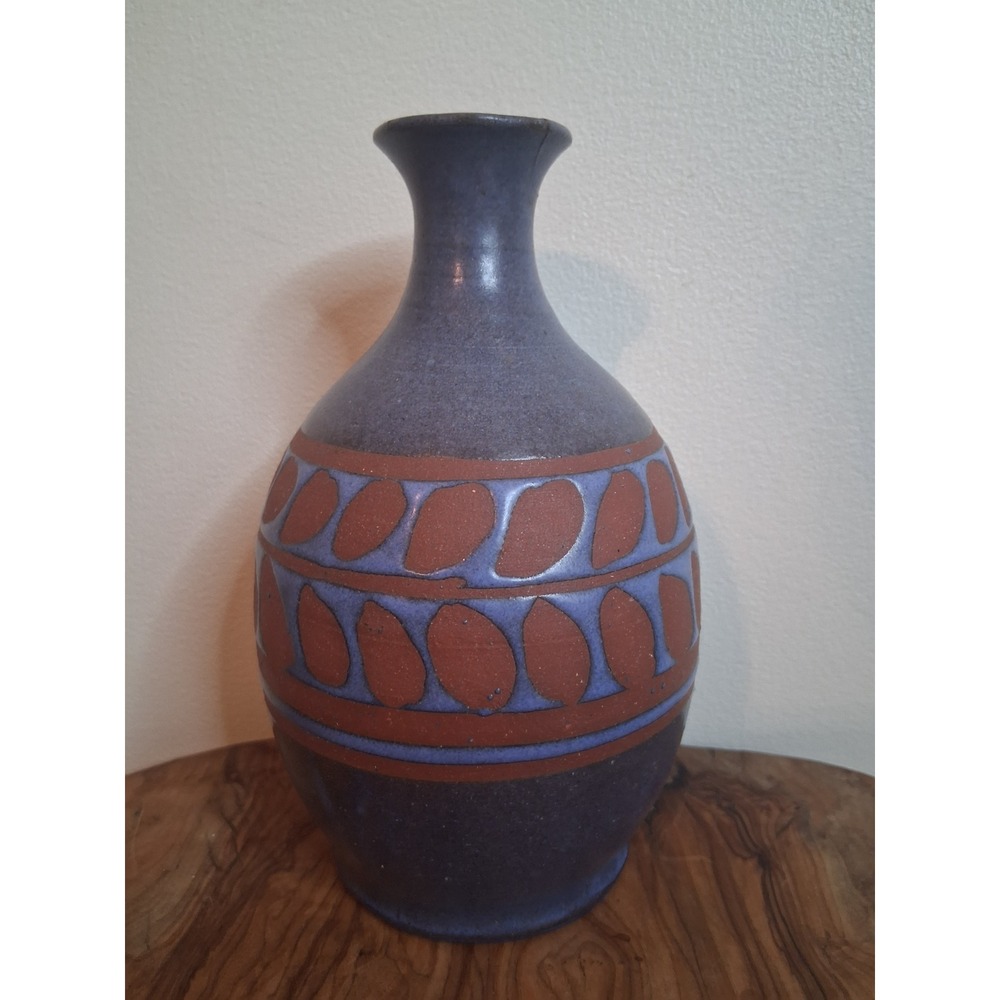 Studio Pottery Purple Terracotta Sgraffito Leaf Vase Mid Century Modern Ceramic